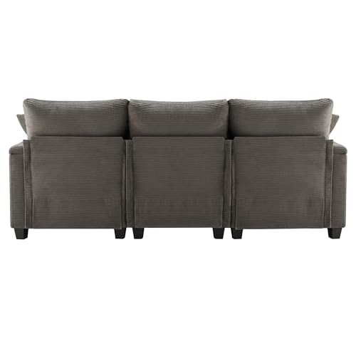 Arhatreya 3 Sitzer L-förmiges Sofa Gästesofa Modern Couch mit 2 Kissen, 3er Sitzsofa mit Getränkehalter Fußhocker und Getränkehalter, Ecksofa für Wohnzimmer, Schlafzimmer, Buros, Cordstoff, Grau – Bild 8