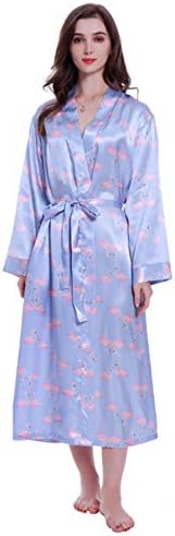 Lavenderi Women's Long Classic Satin Kimono Lounge Bathrobe Robe (Large, Flamingos Print)