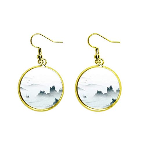 Pendientes largos dorados estilo chino con acuarela de paisaje para mujer