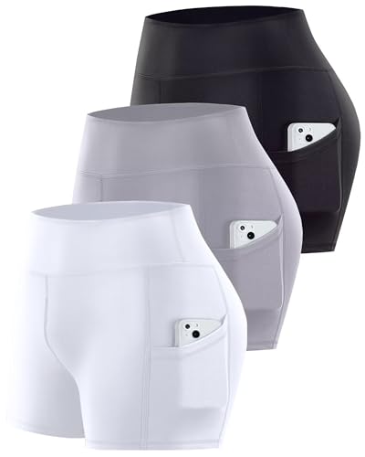 Noblarm Paquete de 3 pantalones cortos de ciclista con bolsillos para mujer, 5 pulgadas, cintura alta, control de abdomen, yoga, entrenamiento, atletismo, correr, Negro, gris, blanco, Large-X-Large