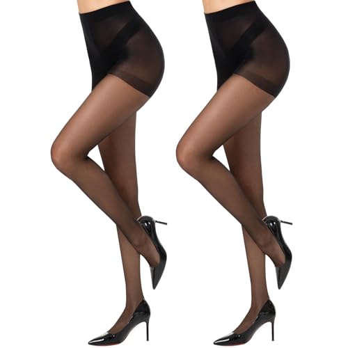 2 Pairs Black Sheer Tights for Women 15D Not Rip Control Top Pantyhose High Waist With Reinforced Toes