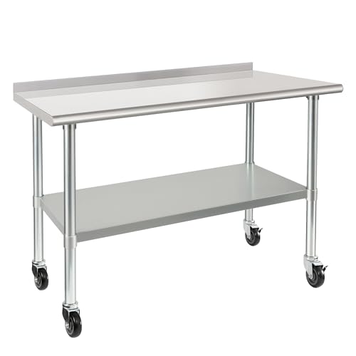 HARDURA Mesa de Acero Inoxidable 61×122cm con Ruedas Mesa de Preparación Comercial con Respaldo de 5cm y Estante Ajustable para Cocina de Restaurante, Hogar y Hotel