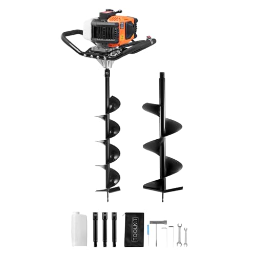 VEVOR 1450 W Perforadora de Postes a Gasolina de 52 cc Excavadora de Postes a Gas con Brocas de 150 y 250 mm y 3 Varillas de Extensión para Postes de Cercas Y Plantas de Jardín, Naranja y Negro