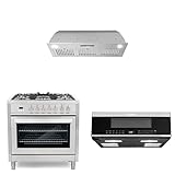 COSMO 3-Piece Kitchen Appliance Packages, 36" Insert Range Hood, 36" Dual Fuel Range with 5 Gas Burners and 30" Slim Over the Range Microwave