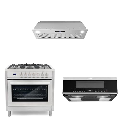 COSMO 3-Piece Kitchen Appliance Packages, 36" Insert Range Hood, 36" Dual Fuel Range with 5 Gas Burners and 30" Slim Over the Range Microwave