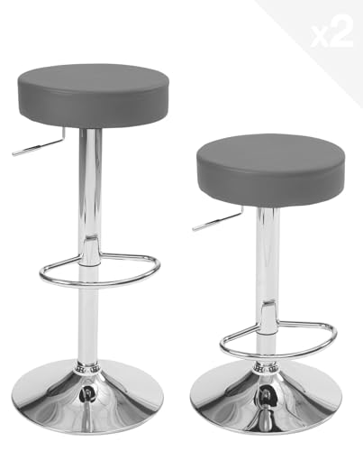 KAYELLES Lot 2 Tabourets Bar siège Rond Simili Cuir sans Dossier, Hauteur réglable, Repose Pieds, pivotants 360° Pied Chrome YO (Gris)