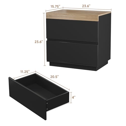 Image of Nightstand with Oak Top, 23.7 inch Wide Night Stand with 2 Drawers, Simple Black Nightstand, Modern Bedside Table for Bedroom