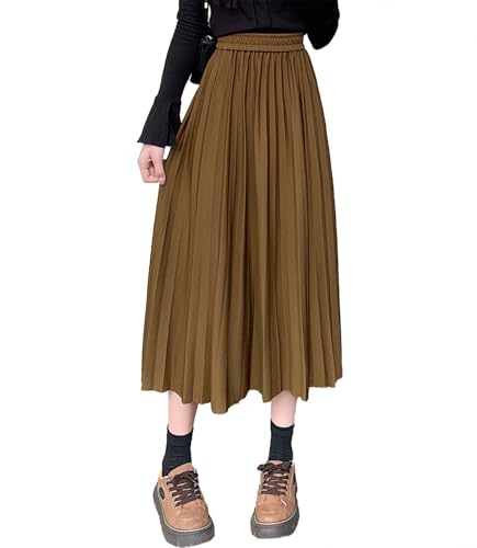 Jupe midi plissée taille haute élastique trapèze longue automne