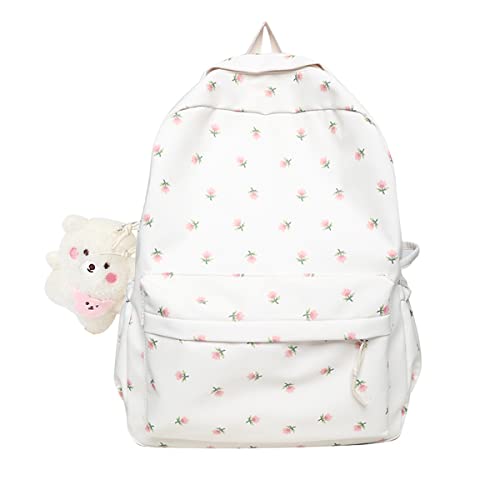 Mochila Kawaii Mori Art Floral com Pingente Mochila Estética Linda Mochila Mochila para Computador, Branco, Medium Size, Mochila Kawaii