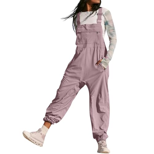 BRONG Latzhose Damen Arbeitshose Weites Bein Jumpsuit Verstellbar Riemen Hose Reißverschlusstasche Lose Passform Baggy Latzhose für Frauen Lang Spielanzug Hose Rosa L