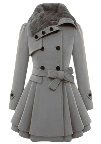 BOFETA Damen Kunstpelz Revers Dicker Zweireiher Trenchcoat Winter Warm A-Linie Kleid Wolle Mischung Erbsenmantel Jacken Grau L