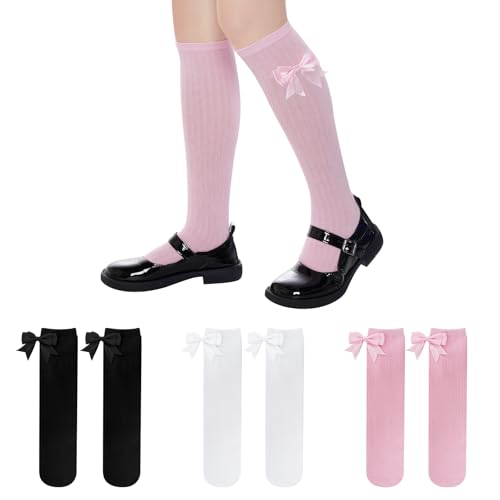 3 Packs Girls Bow Knee High Socks 4 to 12 Year School Uniform Dress Socks