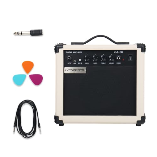 Electric Guitar Amplifier 20w amp Cream White Color gain bass Treble 3.5mm aux in Drive 6.5mm Guitar Input Headphone Portable for Beginner Starter Practice Travel amp noiseless Cable Pick and Adapter