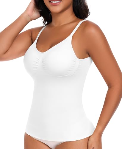 Image of Seamless Shapewear Vest Tank Top for Women Tummy Control Compression Camisole Top with Built-in Bra Padded with Adjustable Straps Sleeveless V Neck Slimming Cami Shirt (#01 White,3XL)