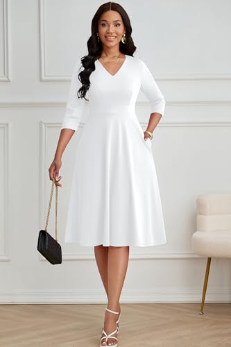 CLOCOR Women's Casual Midi Dress,Church A-Line V-Neck 3/4 Sleeve Dress with Pockets4