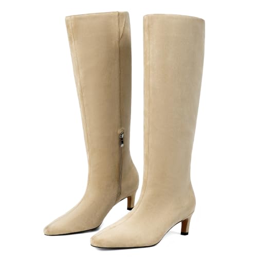 Image of Modatope Knee High Boots Women Square Toe Kitten Heel Tall Boots | Womens Low Heel Fashion Heeled Fall Boots, Dressy Tall Long Boots For Women