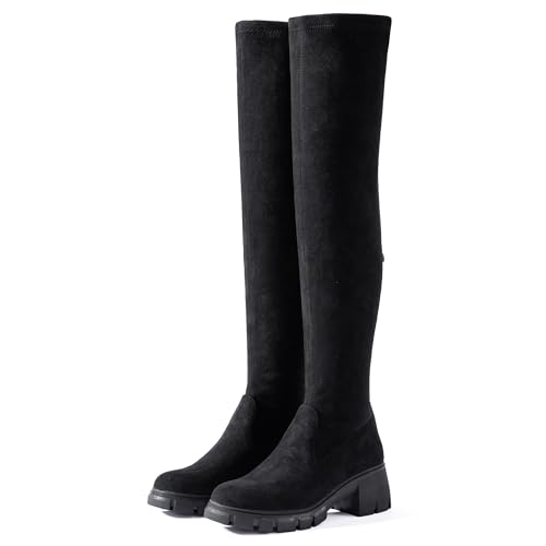 Mtzyoa Women Over The Knee Boots Platform Thigh High Black Size 10 Winter Low Block Heel Casual Suede Stretch Above thumb #6