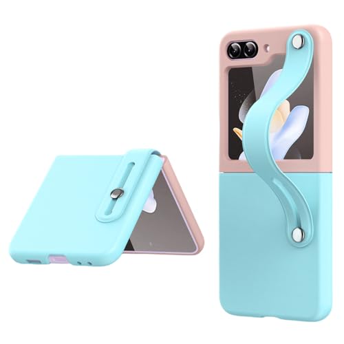 Coque Galaxy Z Flip 5 antichoc et pliable avec dragonne en cuir rose et vert