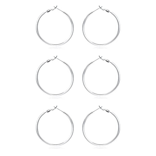 3 Pairs Sterling Silver Hoop Earrings, 14K White Gold Plated Big Hoop Earrings Set for Women 40MM