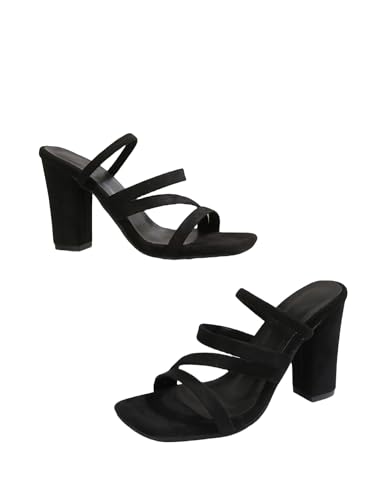 Women's Strappy Block Heel Sandals, Black Suede, Square Toe, High Chunky Heel