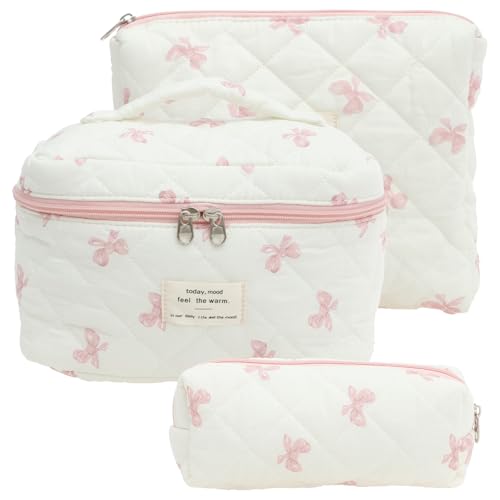 Harupink Juego de 3 neceseres de algodón para mujer, con diseño de flores, neceser portátil, neceser de maquillaje, neceser de maquillaje estético, bolsa de cosméticos, para el día a día y los viajes
