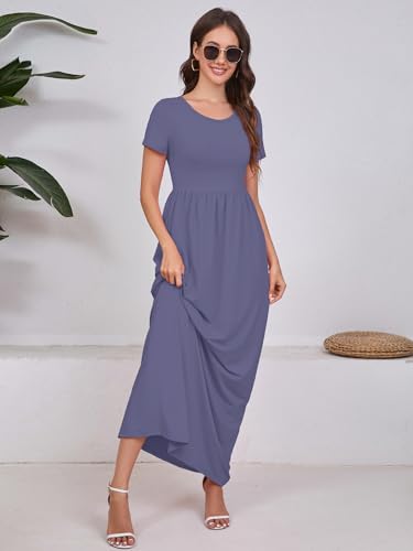 Image of DEARCASE Maxi Dress for Women Short Sleeve Casual Summer Loose Plain Comfy Long Dresses with Pockets