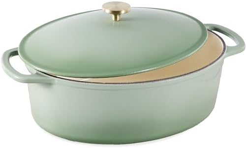 Best Choice Products Oval 7.5 Quart Enamel Cast-Iron Dutch Oven, Heavy-Duty Pre-Seasoned for Baking, Cooking w/Side Handles – Sage Green - Thumbnail 2