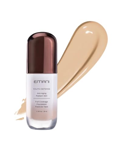 Emani Youth Defense Foundation with Hyaluronic Acid - Anti-Aging, Full Coverage - Protects Face and Brightens Skin Discoloration, Light