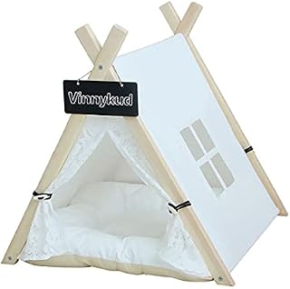 Vinnykud Pet Teepee with Cushion Dogs Tent Stripes Removable and Washable Portable Canvas Pet Teepee Tent with Window Dog Bed Play House for Dog Cat Rabbit Guinea Pig