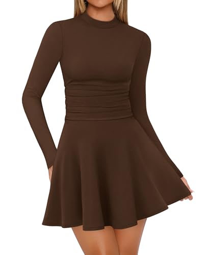 OFEEFAN Plus Size Homecoming Dresses for Curvy Women Long Sleeve Chocolate Brown Dress Mock Neck Date Outfits 2XL