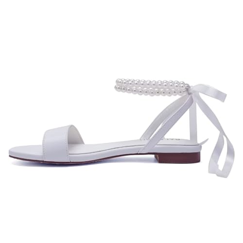 Image of Wedding Shoes for Bride Flat Sandals Open Toe Pearl Bridal Shoes Flat Wedding Sandals