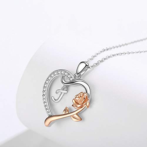 J Initial Necklace 925 Sterling Silver Letter J Necklace Fro Women Girls Rose Gold Love Heart Necklace With Rose Flower Pendant Christmas Brithday Jewelry Mother's Day Gifts For Wife Mom Duaghter #TOP5