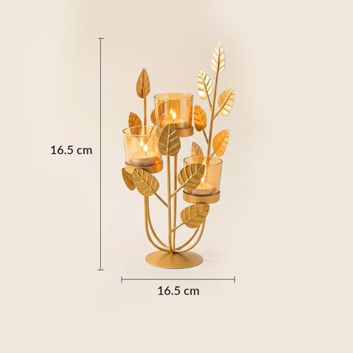 Image of MARKET 99 Metal & Glass 3-Votive Leaf-Shaped T-Light Holder | Romantic Golden Candle Stand for Valentine's Day Decor & Gifts | Decorative Centerpiece for Home, Table, Diwali, Wedding & Festive Use