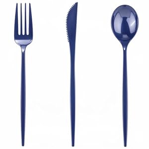 PULOTE 150PCS Blue Plastic Silverware Set – Plastic Cutlery Disposable – Heavy Duty Blue Plastic Utensils Include 50 Forks, 50 Knives,50 Spoons for Party&Wedding