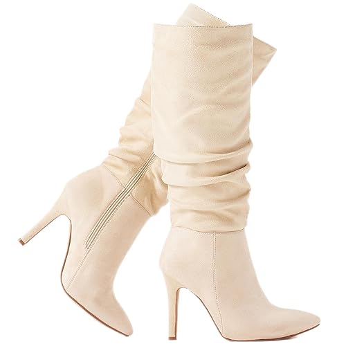 katliu Women Suede Knee High Boots Pointed Toe Stiletto Boot Slouchy Zipper High Heel Boots
