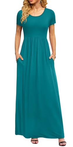 DB MOON Womens 2025 Casual Summer Plus Size Maxi Dresses Short Sleeve Empire Waist Long Dress with Pockets(Turquoise 02, 3XL)