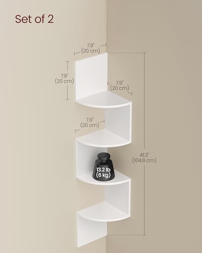 Image of VASAGLE Corner Shelves Wall Mount, 4-Tier Floating Bookshelves, Set of 2 | Corner bookshelf plant shelves, Cloud White, Custos Collection, ULBC704WB01S
