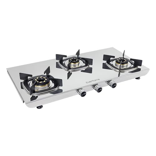 Image of Everflame Photon 3 Burner Gas Stove | Manual Ignition | 5G Brass Burners | ISI Certified | SS Cooktop | 5 Years Warranty on (Body & Burners) + 2 Year Comprehensive Warranty + Doorstep Service