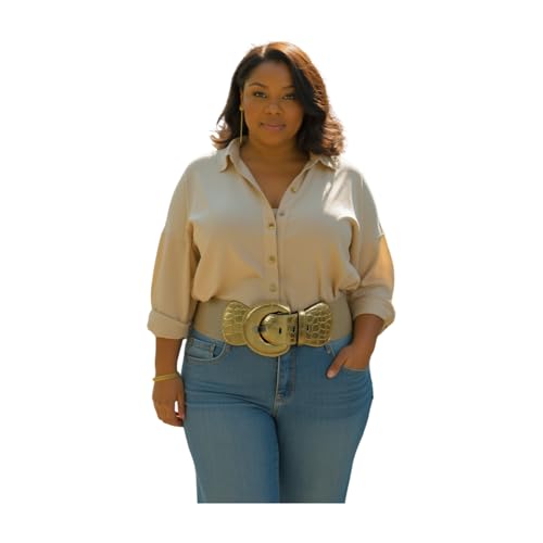 Women Fashion Elastic Belt Hip High Waist Wide Light Gold Color Faux Leather Fabric Size M L XL