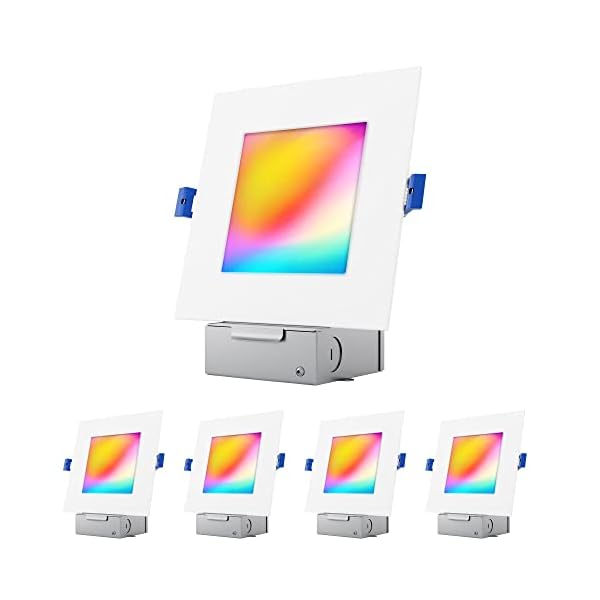 6″ LED Smart Slim Recessed Pot Light, Square, WiFi APP & Voice Control, 120V, 13W, 1000LM, RGB + 2700K-6000K, ETL & FCC & IC Rated, Wet Location, Works With Alexa/Google Home, White – 4 Packs