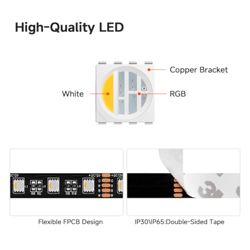 Image of BTF-LIGHTING RGBW LED Strip Lights,UL Listed,5050 4 Colors in 1 RGB + 2700K-3000K Warm White,12V DC,16.4ft /5m 60LEDs /m 12mm Black PCB, IP30 for Home Decoration(No Adapter or Controller) (Pack of 2)