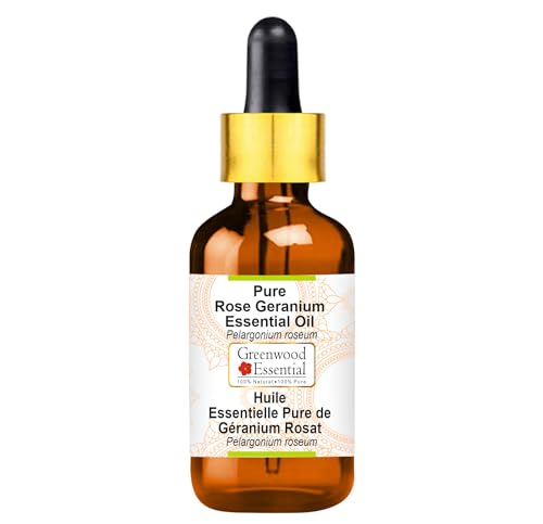 Image of Greenwood Essential Rose Geranium Essential Oil (Pelargonium roseum) with Glass Dropper Pure | Non-Sticky | Non-greasy | Lightweight | Men & Women | All Skin Types | Steam Distilled 10ml