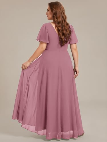 Image of Ever-Pretty Plus Women's Chiffon V-Neck Beading Ruffles Sleeves Maxi High Low Plus Size Formal Dresses