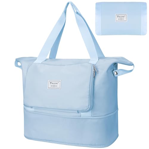 BALEINE Travel Tote Bag for Women, Weekender Carry-on Tote, Large Duffel Bag Gym Bag Overnight Bag with Wet Compartment Light Blue Expandable