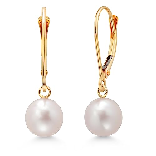 Gem Stone King 14K Yellow Gold Cultured Freshwater Pearl Earrings For Women | 7MM White Round Shape Dangling | Fine Jewelry Gifts for Her Mom Women Wife