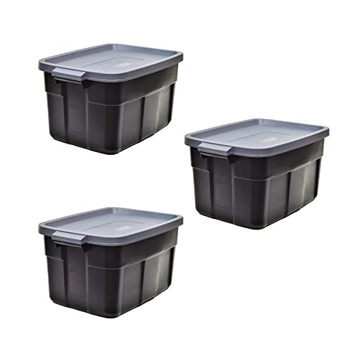 Image of Rubbermaid Roughneck Tote 31 Gallon Stackable Storage Container with Stay Tight Lid & Easy Carry Handles, Black /Cool Gray (3 Pack)