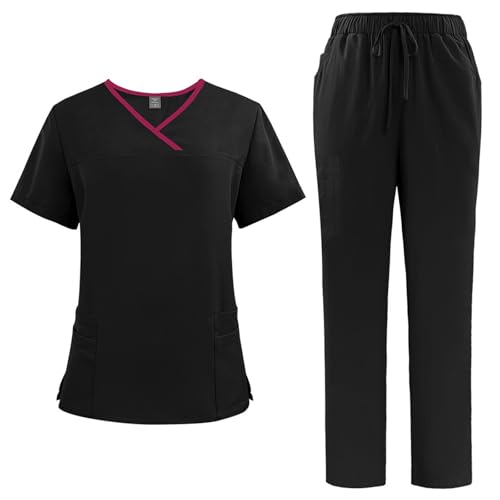 DIYIOUZHOU Traje de uniforme médico de enfermería con cuello en V y pantalones de correr con cuatro bolsillos, color puro, secado rápido, uniforme médico de enfermería, 01-negro, XXL