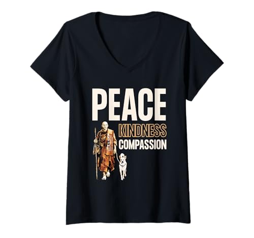 Femme Peace Kindness Compassion Walk for Peace Monk & Aloka Dog T-Shirt avec Col en V