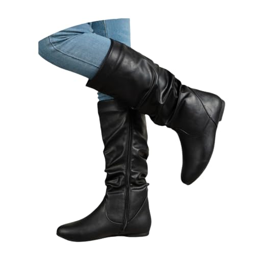 Women's Slouchy Knee High Boots Pull On Flat Boots with Side Zipper Fall Winter Western Cowgirl Booties for Women Soft Faux Leather Round Toe Low Heels Combat Mid Calf Tall Dress Boots