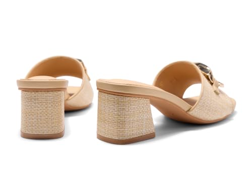 Image of Coutgo Womens Raffia Slide Sandals Chunky Block Heeled Square Open Toe Metal Chain Slip on Mules Dressy Shoes
